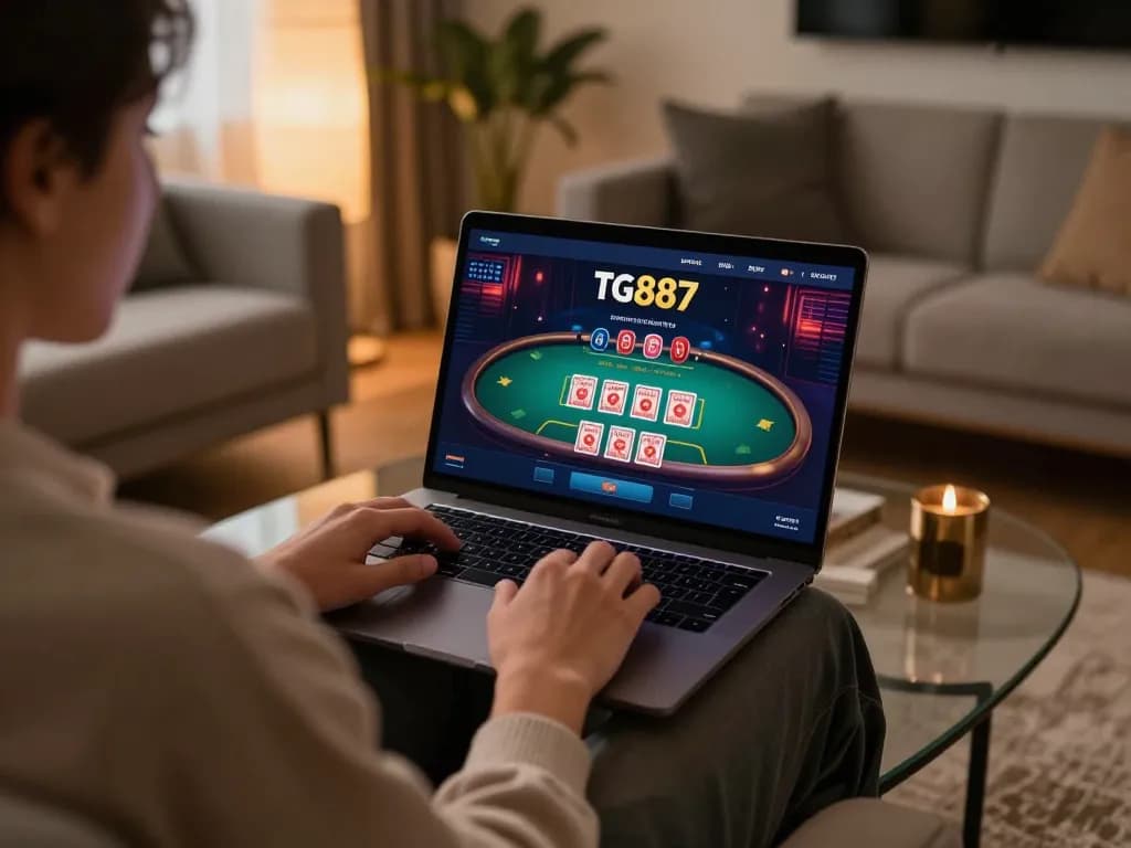 Player using the tg887 app for an immersive online casino experience on a laptop with a live dealer.