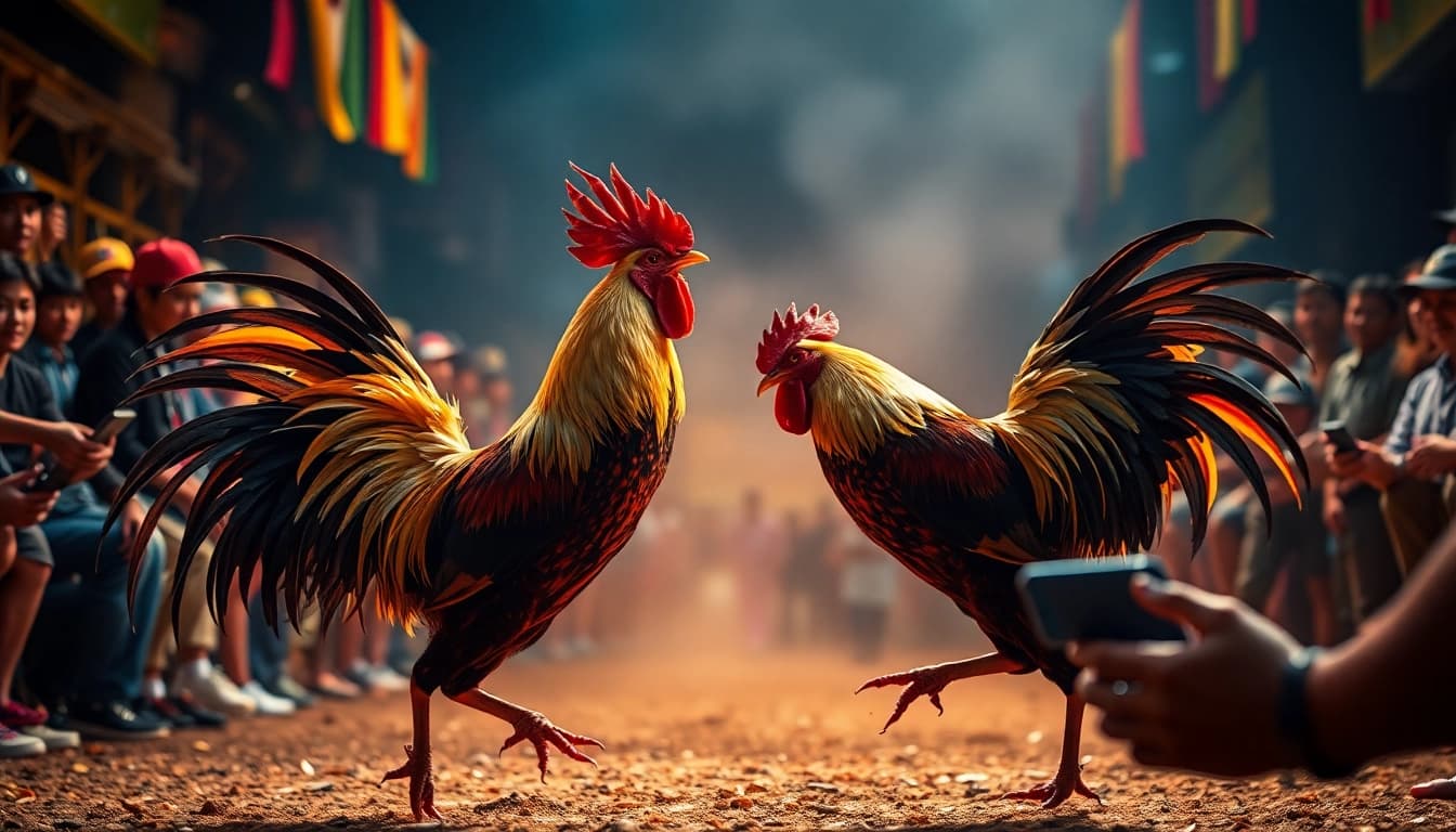 Live cockfighting event at sv368win.live, showcasing intense competition and vibrant atmosphere.