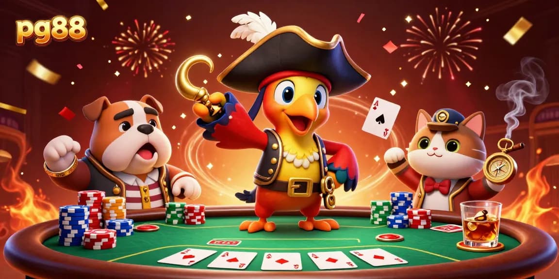 Experience thrilling poker action at pg88 with a vibrant 3D scene featuring colorful chips and characters.