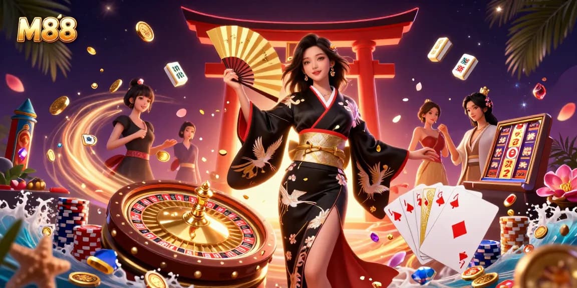 M88 offers thrilling gameplay with an elegant Asian woman in a dynamic casino scene, showcasing vibrant elements.