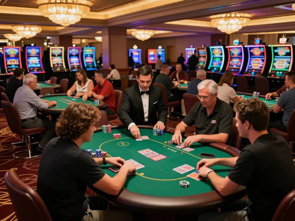 Players engaging in thrilling games at KKWIN casino with vibrant poker tables and lively atmosphere.