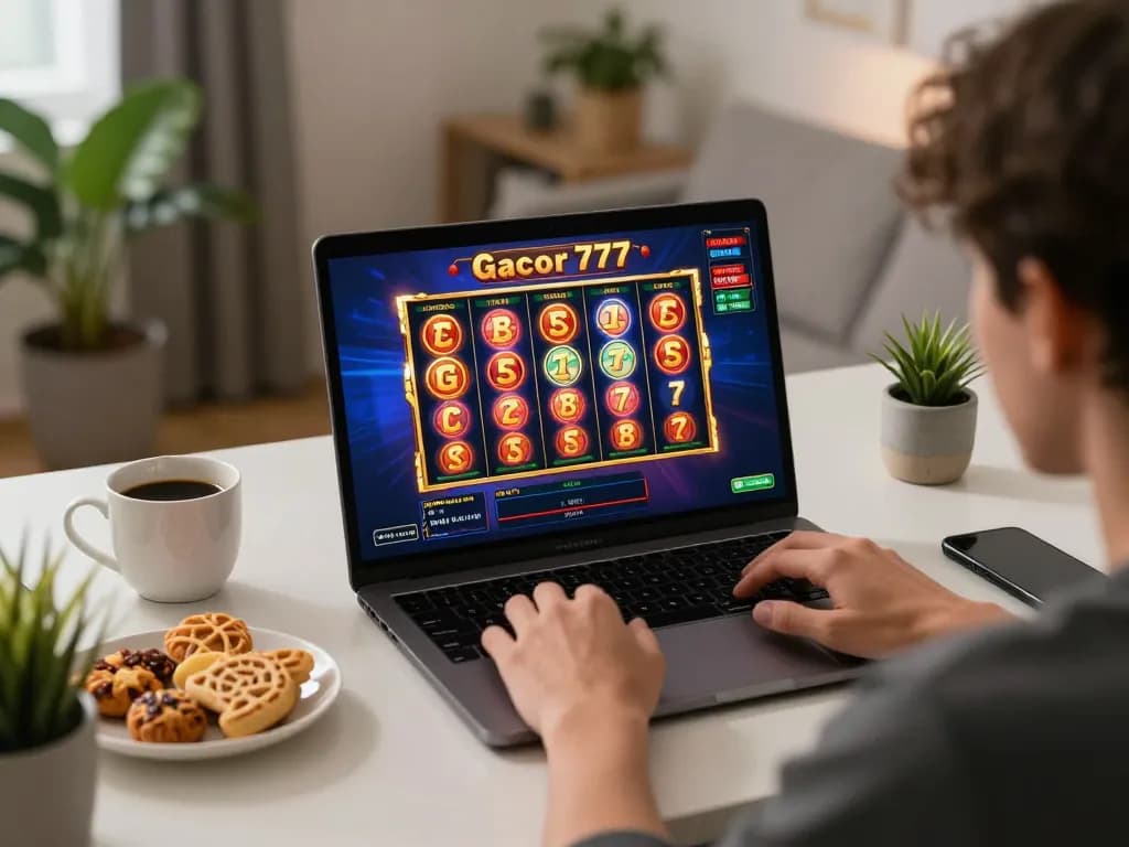 Engaging in slot gacor 777 gameplay on laptop, showcasing vibrant online casino action
