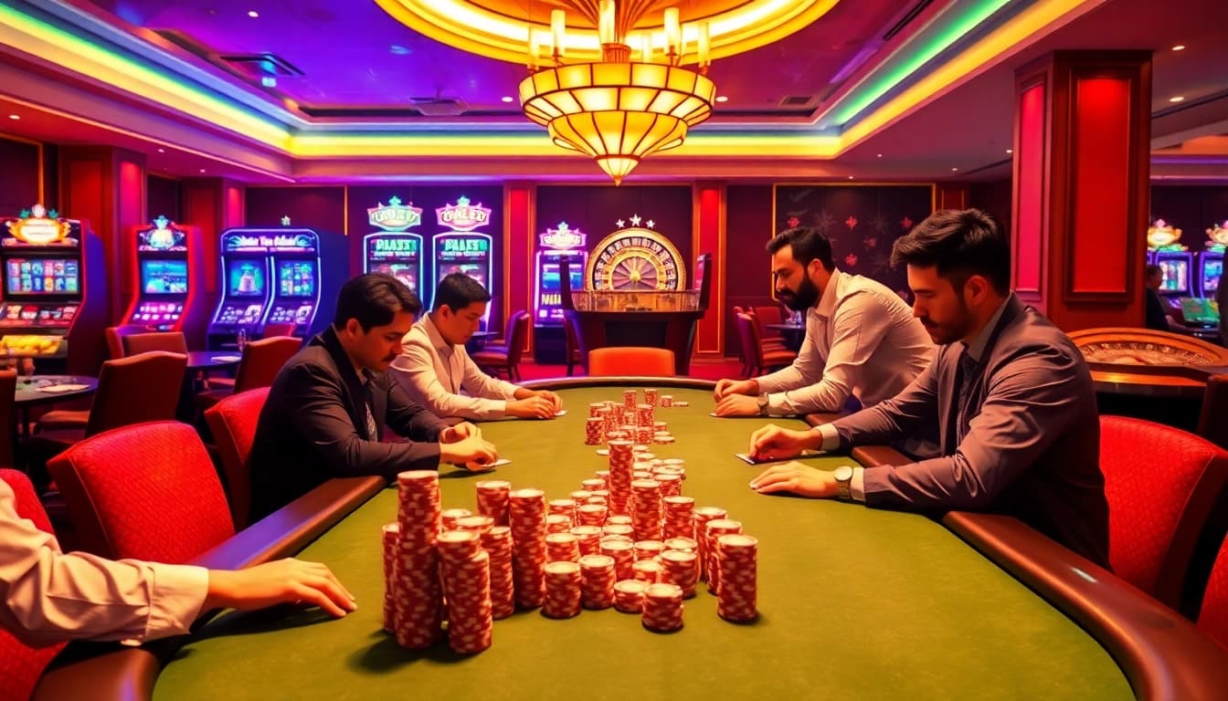 High-stakes poker players engage on the bdtk66 blog, showcasing excitement and strategy.