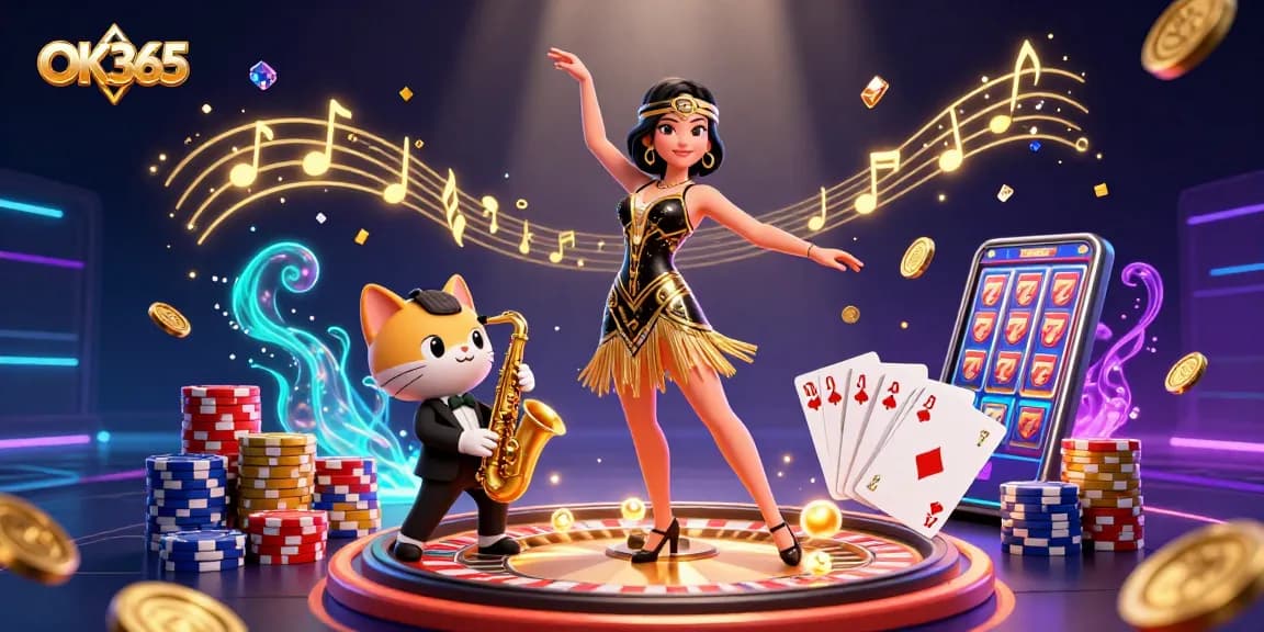 Experience exciting gaming at OK365 with vivid illustrations of gold coins and cards.