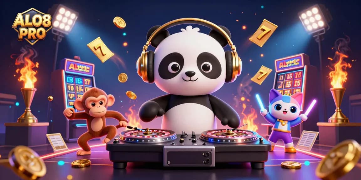 Experience the thrill of gaming with ALO8 PRO as DJ panda spins winning slots and celebrates jackpot moments.