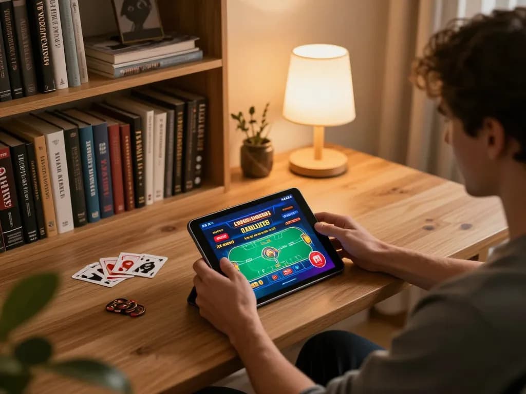 Engaged player on luck8 trang chủ enjoying poker game on tablet in cozy home setting