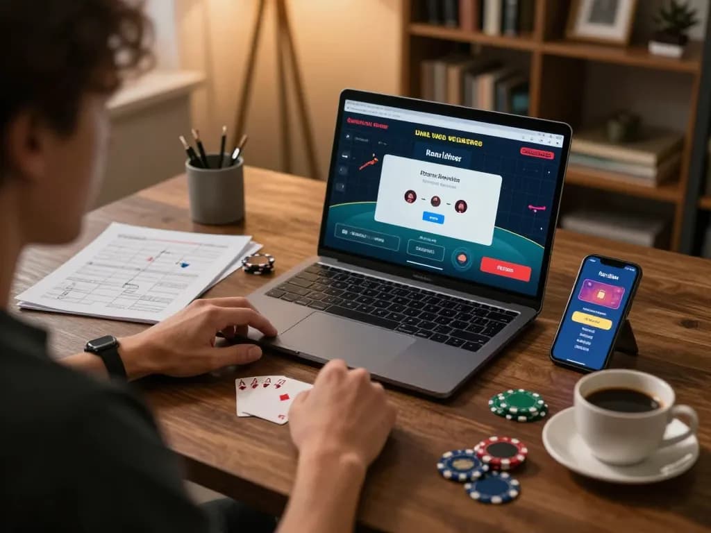 A player engaging with top 10 nhà cái uy tín online poker while utilizing strategic betting notes at home