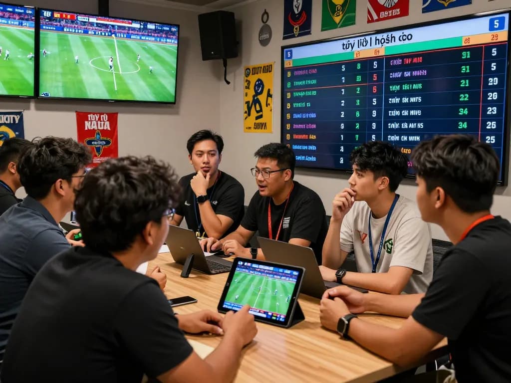 Engaged bettors analyzing tỷ lệ kèo nhà cái 5 in a lively sports bar, enhancing their betting strategies.