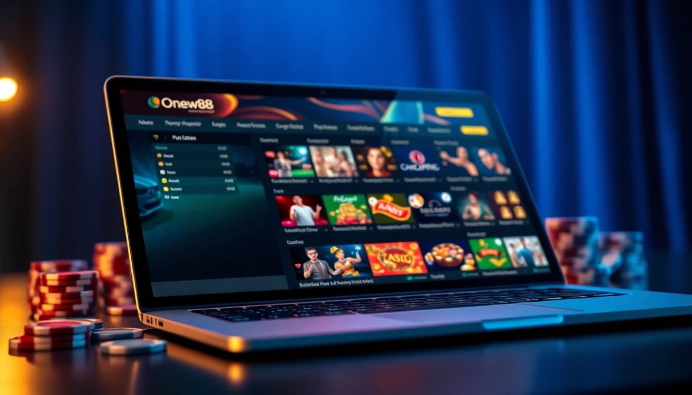 Engaging online gambling scene on onew88.com with vibrant games, modern tech, and a luxurious atmosphere.