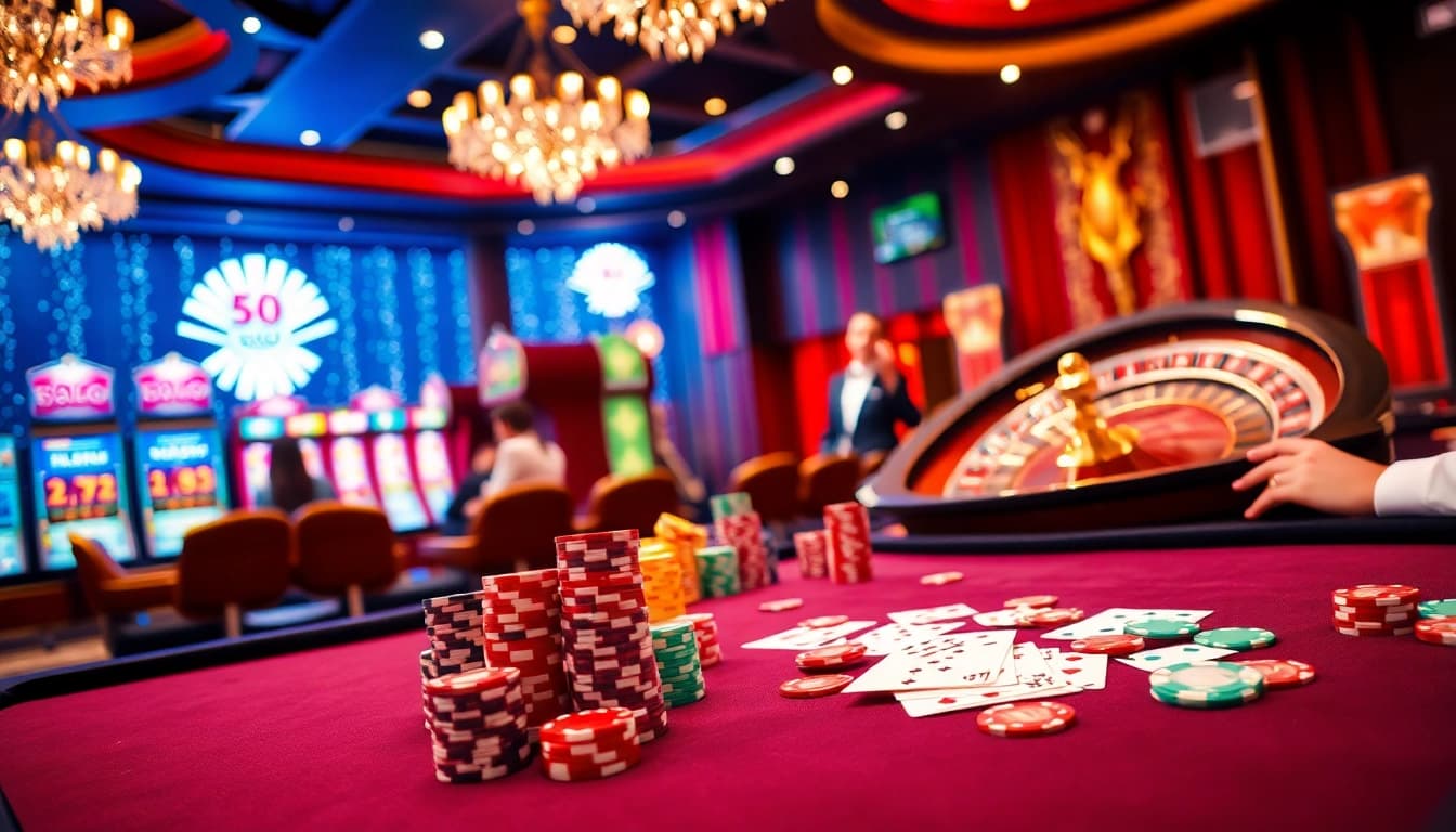 Xoso66 online gambling scene with vibrant poker table, slot machines and roulette wheel.