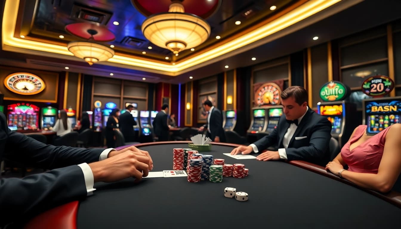 Experience the luxury of 58WIN as gamblers engage in high-stakes poker amidst vibrant casino visuals.