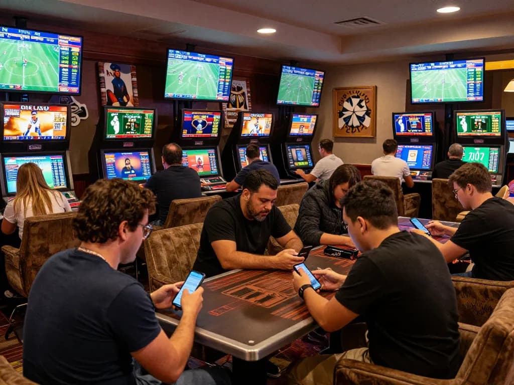 Tỷ lệ kèo nhà cái featured in a lively sports betting lounge, bettors engaged with screens, and apps.