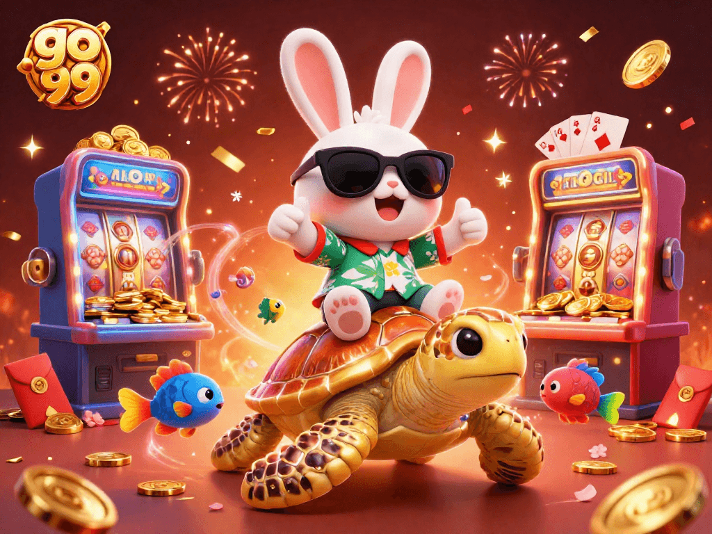 Engage with go 99 as adorable lucky rabbit and golden turtle celebrate a thrilling casino adventure.