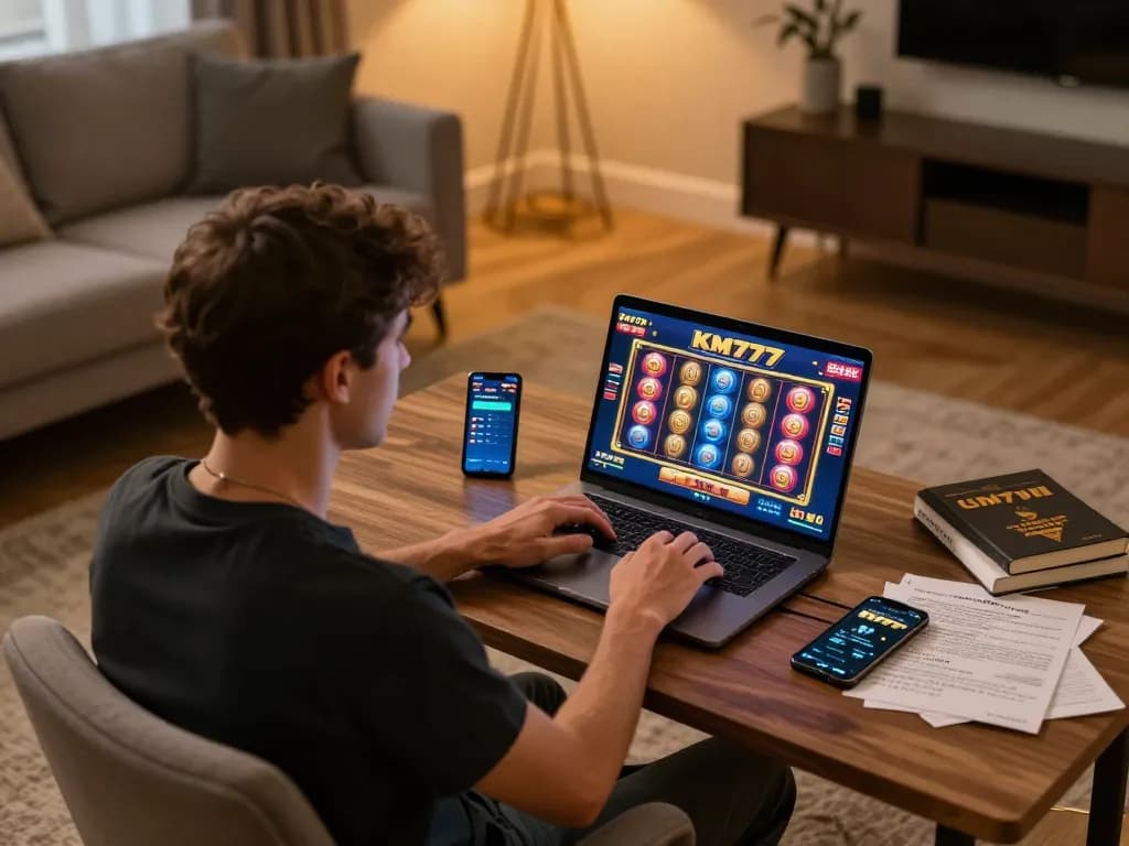 Playing KM777 slots on a laptop with a tablet and drinks in a cozy home setting
