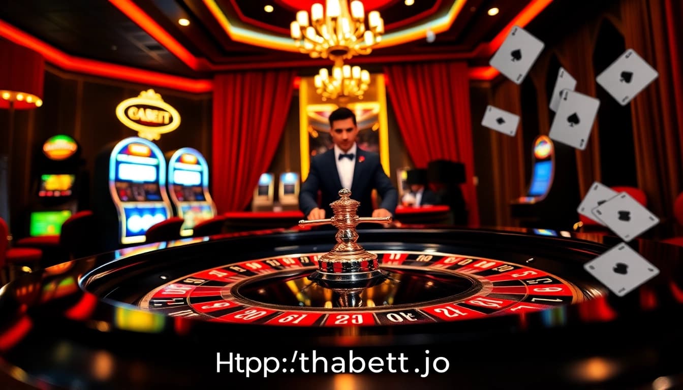 Experience the excitement of betting at THABET with a vibrant casino environment featuring roulette and slot machines.
