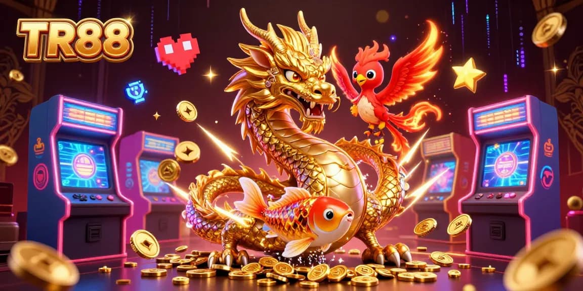 Experience TR88 with victorious gaming elements featuring a dragon, phoenix, and koi fish surrounded by vibrant casino icons.