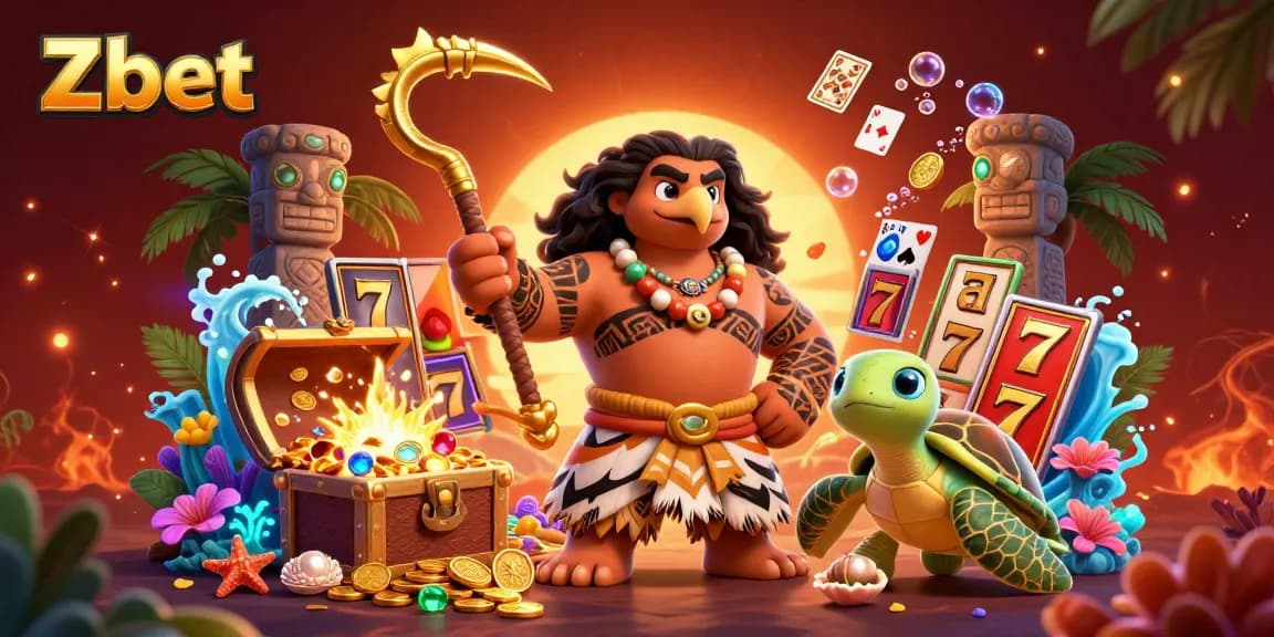 Zbet showcases a vibrant casino scene with a Polynesian demigod and turtle amidst slot games and treasure.