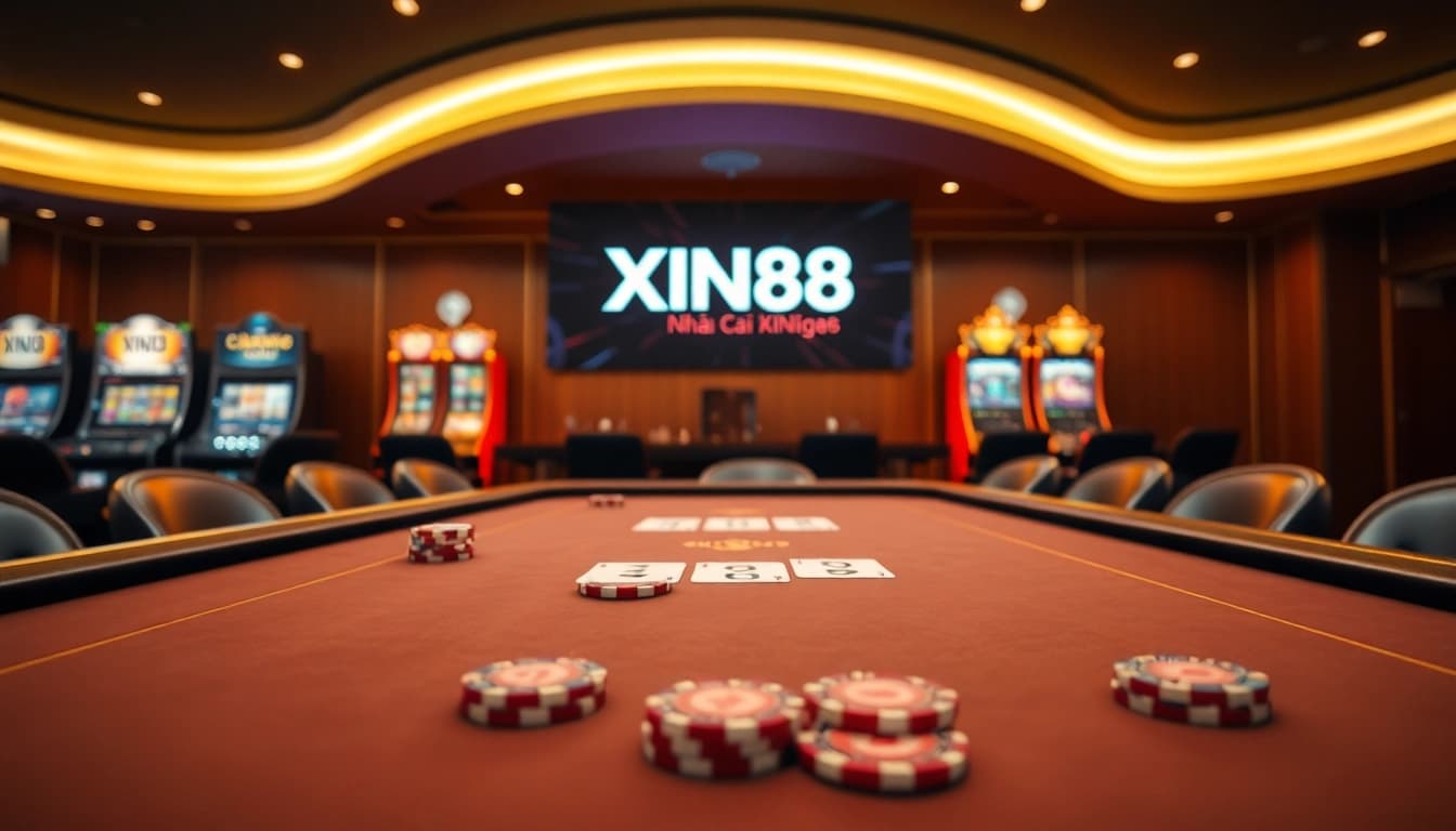 Exciting gaming scene featuring Nhà Cái XIN88 with poker chips and a digital casino interface.