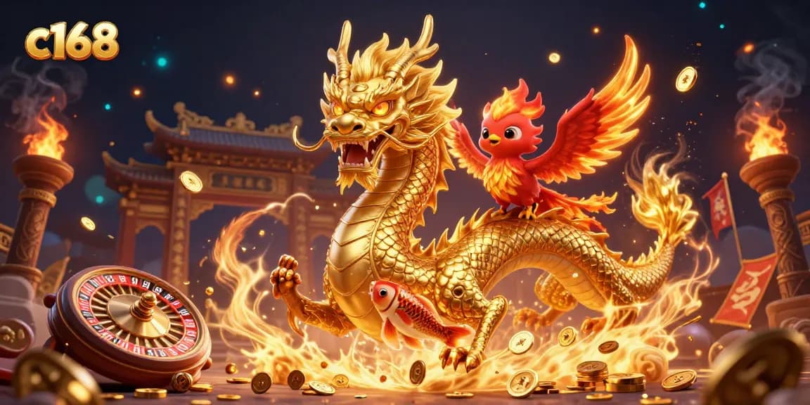 Spin the c168 roulette wheel surrounded by dazzling dragons and golden coins in a vibrant casino scene.