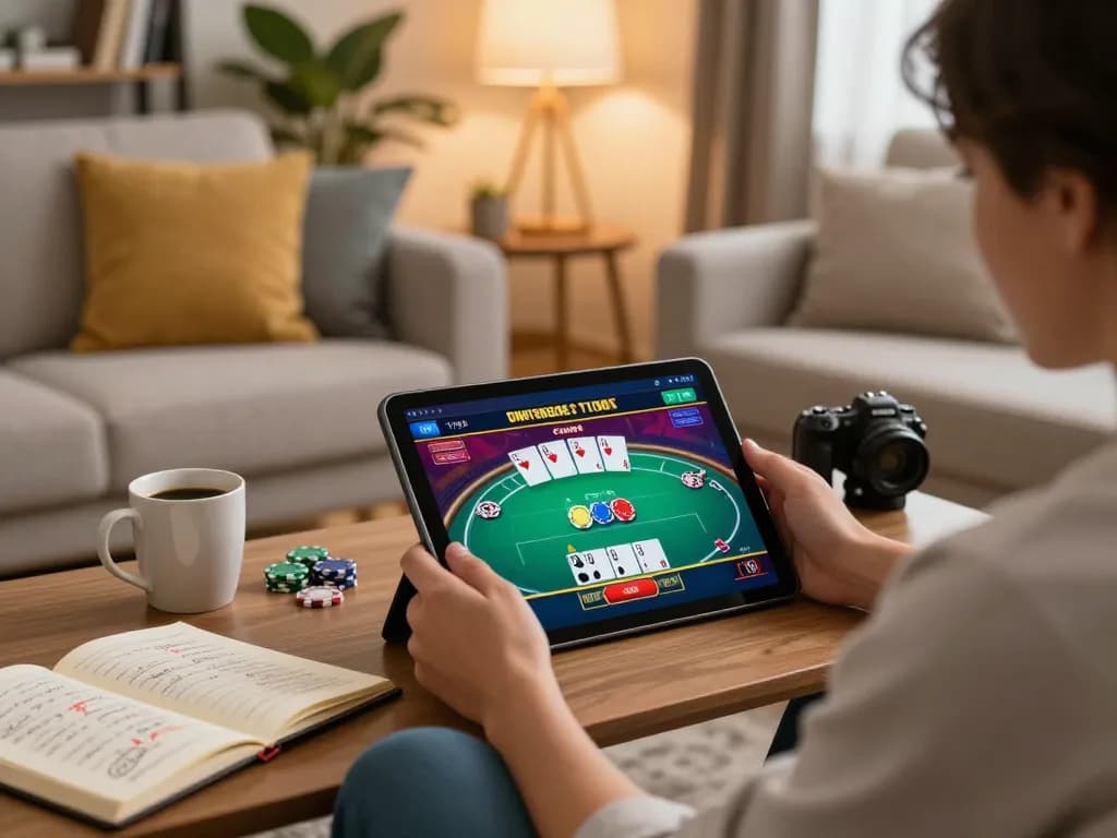 Engaging in strategic poker gameplay at gamebaidoithuong8 on a tablet in a cozy home setting.