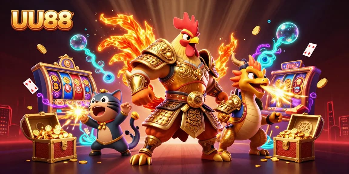 UU88 showcases a fierce rooster warrior and dragon hatchling amidst vibrant casino elements, enhancing your gaming experience.