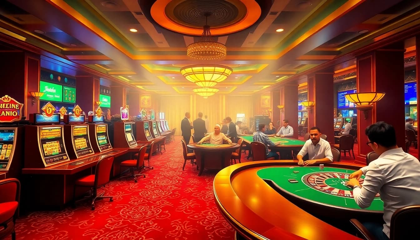 Experience the thrill of betting at 98win com with a vibrant casino scene featuring luxurious tables and slot machines.