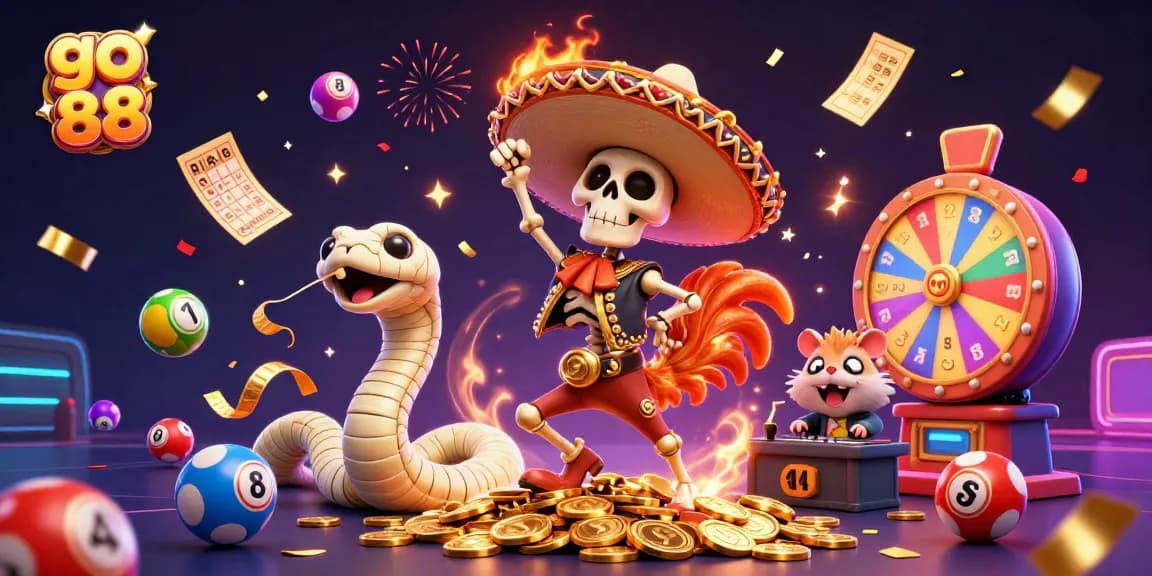 Join the fun at go 88 with a dynamic victory scene featuring colorful lottery elements and a vibrant casino atmosphere.
