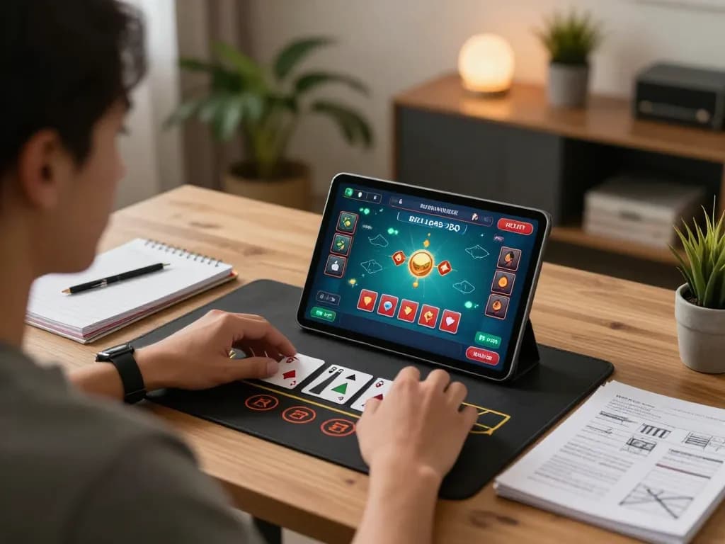 Person engaged in a baccarat game session on alc88 tablet, showcasing strategy notes on a desk.