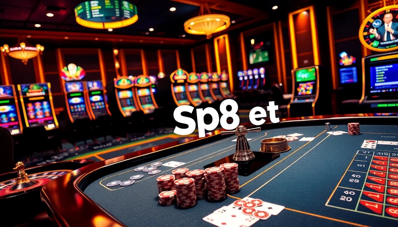 Players engaging with SP8 bet on a sleek online gambling interface, showcasing casino tables and vibrant slot machines.