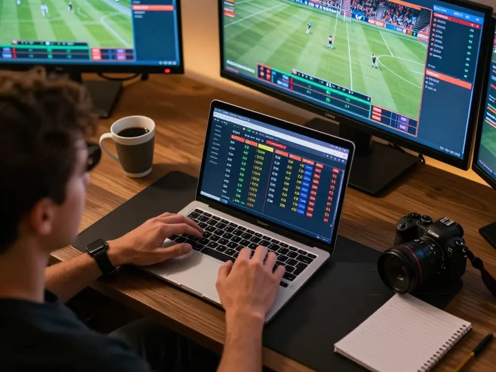Placing strategic bets on debet while watching live sports events in a cozy home office setup.