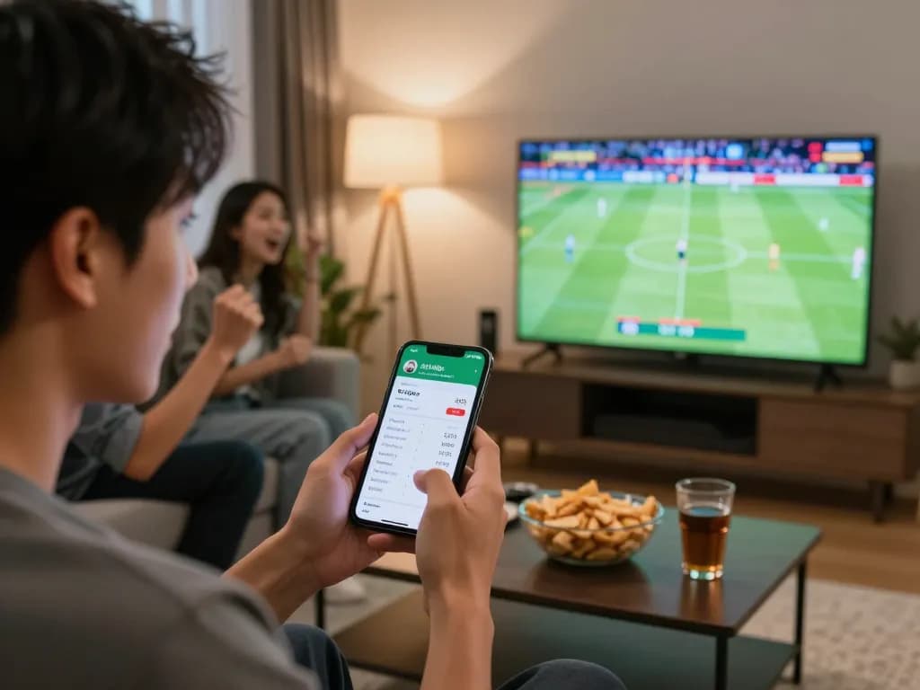 Person checking soi kèo app for live betting odds while watching a sports match with friends.