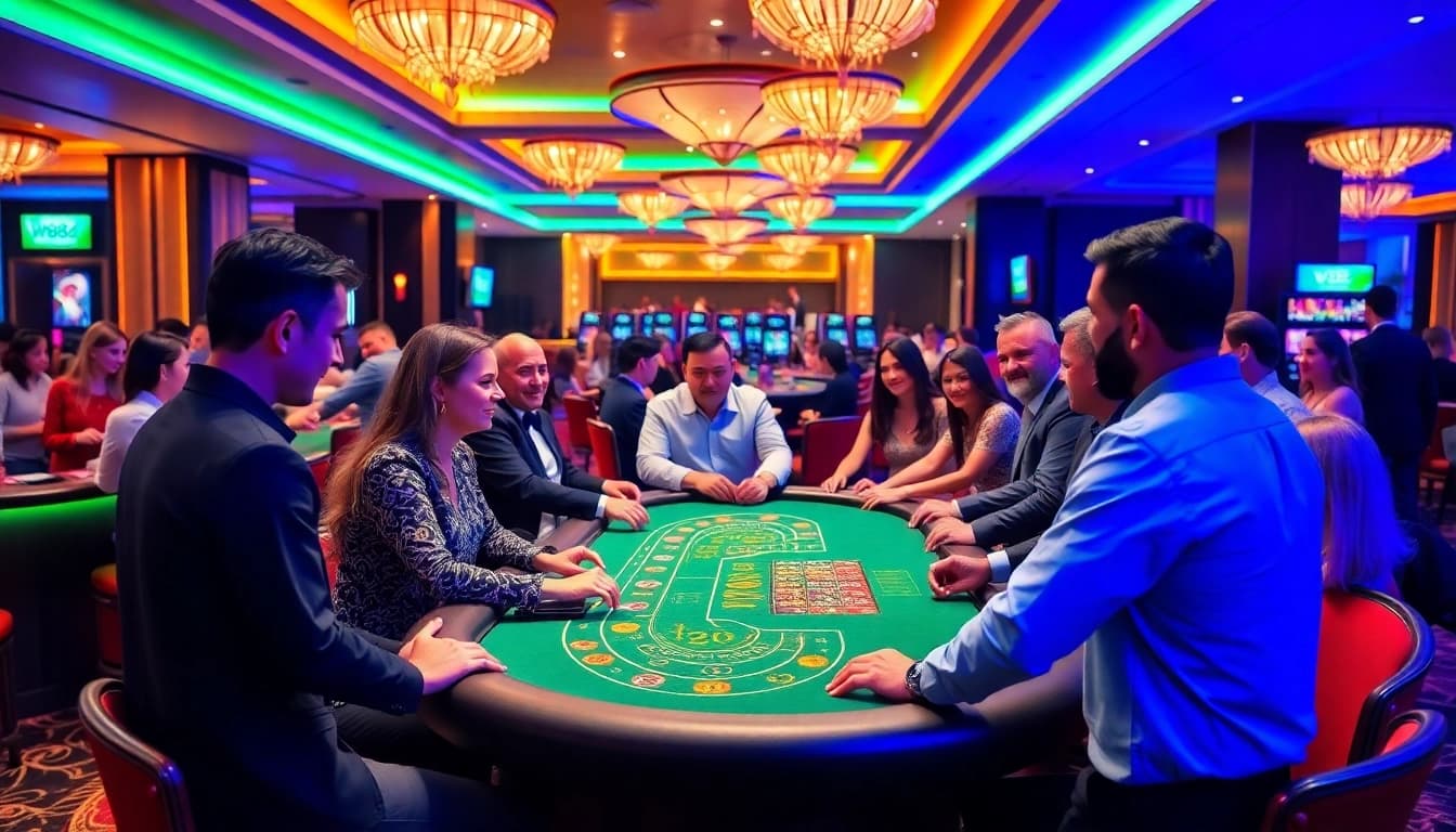 Experience the vibrant atmosphere of the w88.nyc casino with players enjoying blackjack and baccarat.