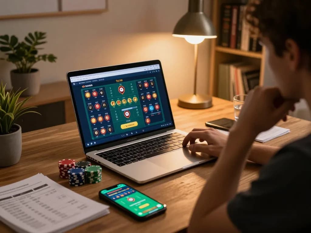 Tài Xỉu Sunwin gameplay on a laptop with player analyzing betting strategy in a cozy home setting