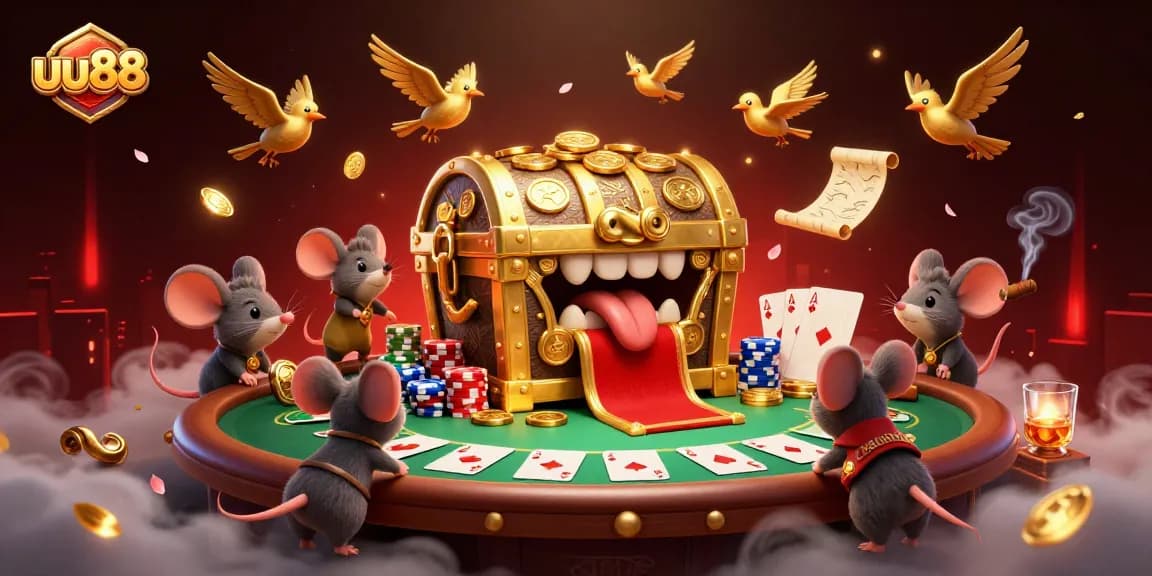 Engage with exciting uu88 mouse characters and golden treasures in a vibrant casino landscape.
