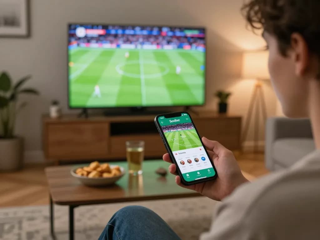 Socolive user engaged in live sports betting on smartphone while watching soccer highlights