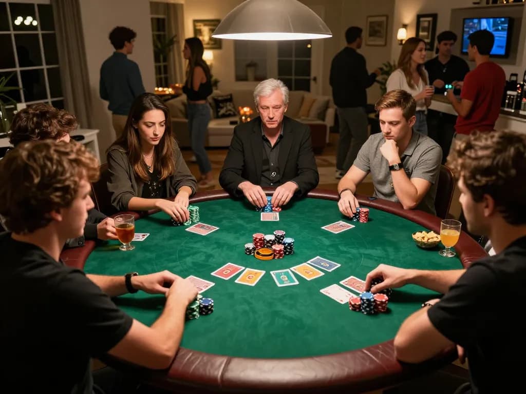 Engaged players at an iwin club home poker game night with vibrant chips and cards.