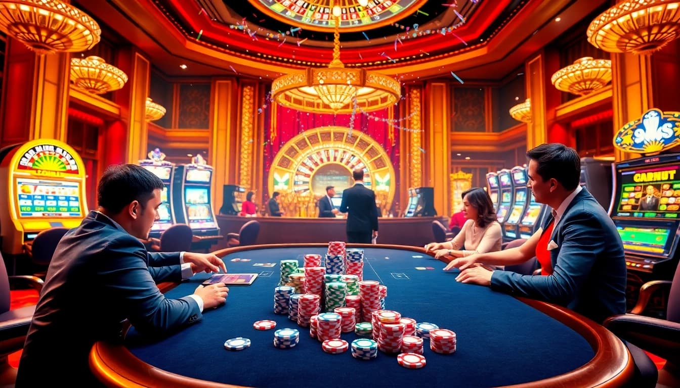 Exciting poker game at NK88 COM casino showcasing vibrant chips and a spinning roulette wheel.