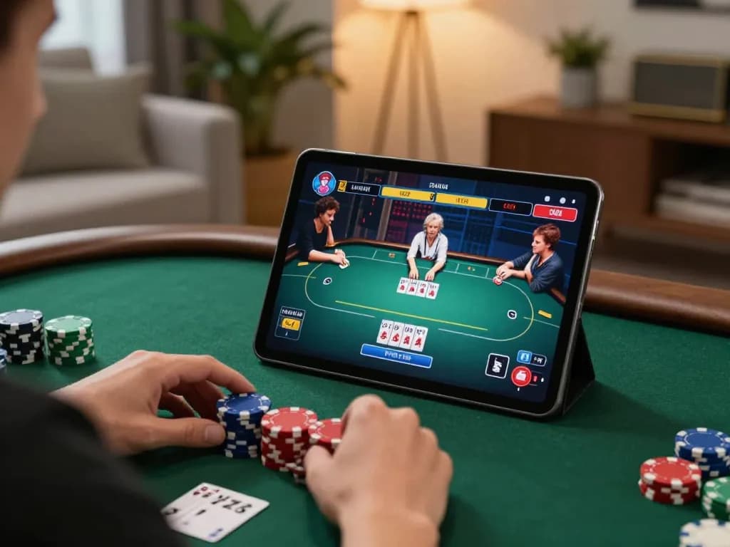 Engaging online poker gameplay centered around 3333WIN strategy, featuring colorful chips and cozy atmosphere.