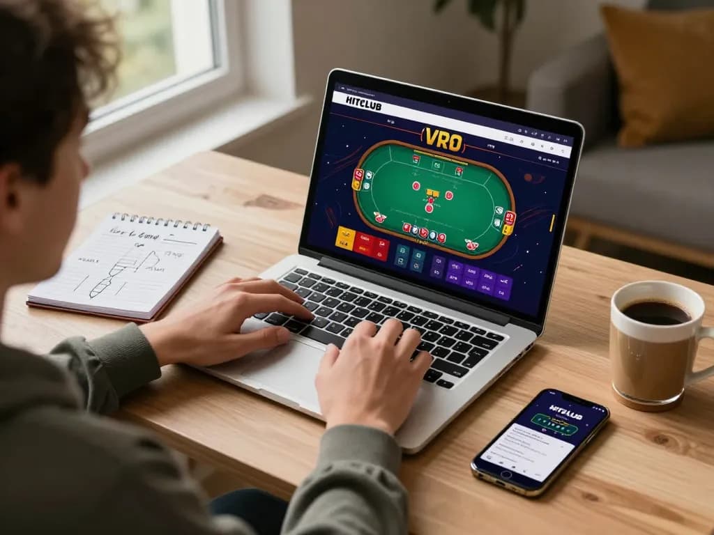 Engaging gameplay on HITCLUB platform in a cozy home setting with laptop and strategic notes.