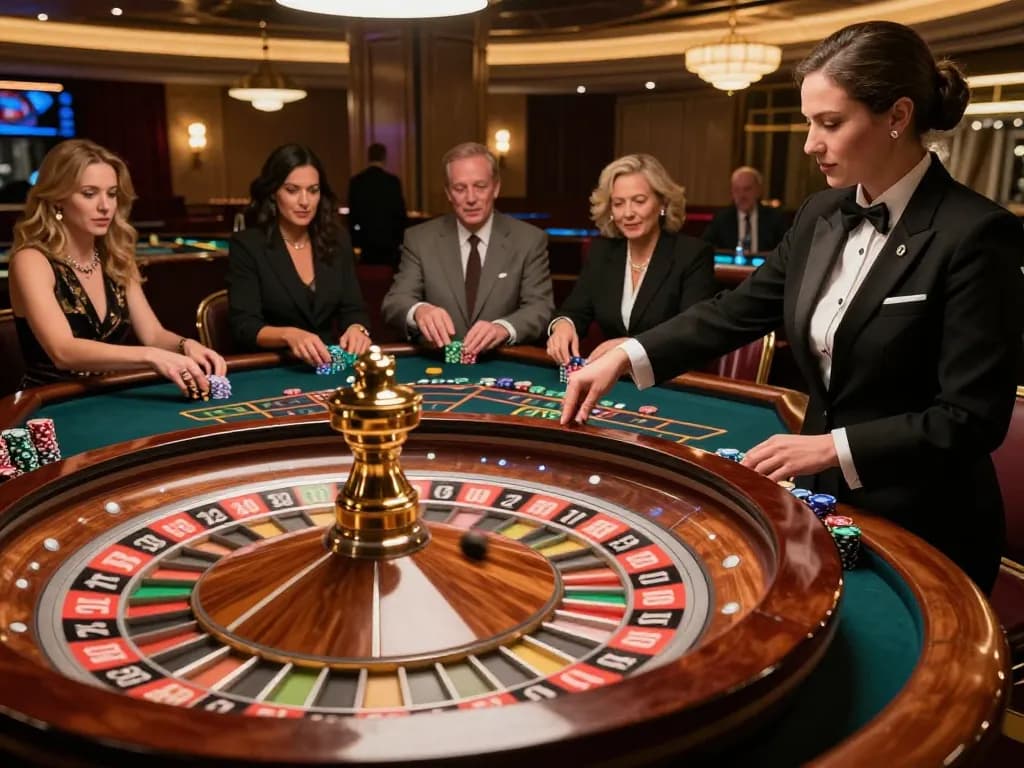 Players strategically placing bets at 789win roulette table while croupier spins the wheel.