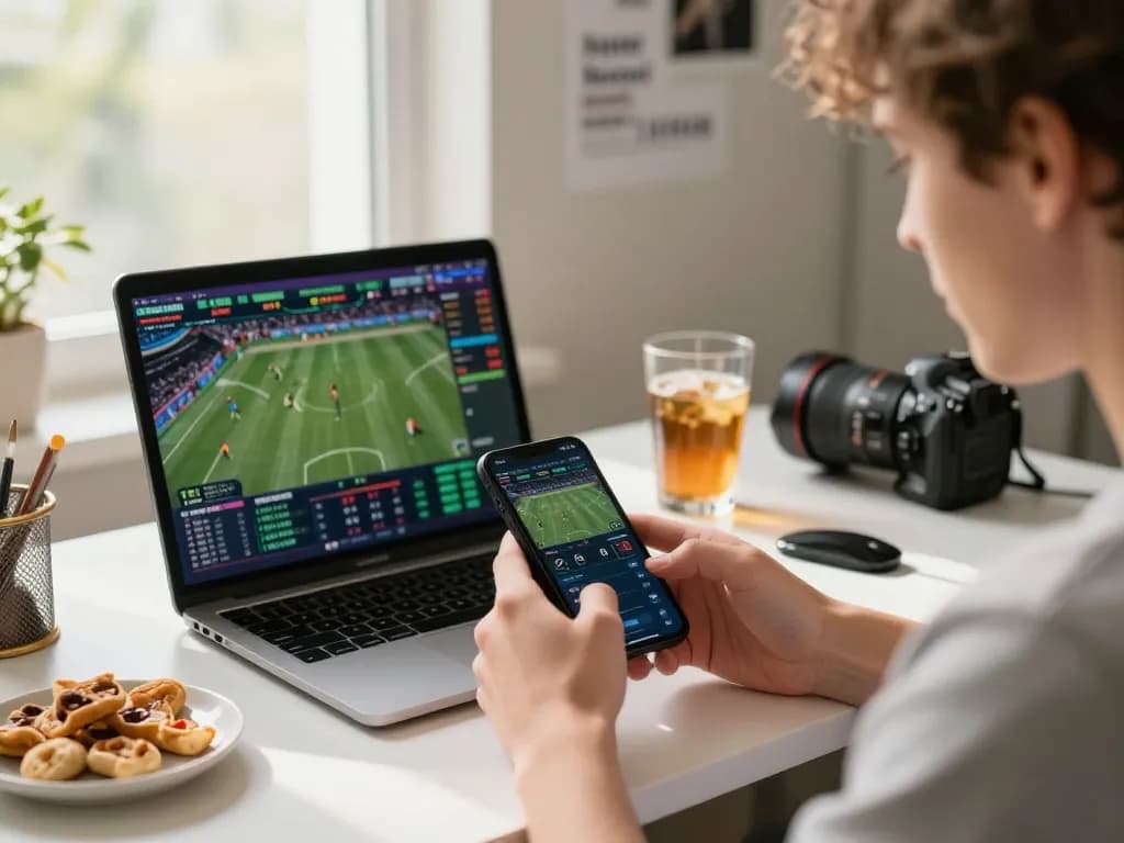 Engaging in live betting on 789win 1 via smartphone, analyzing real-time odds in a cozy workspace