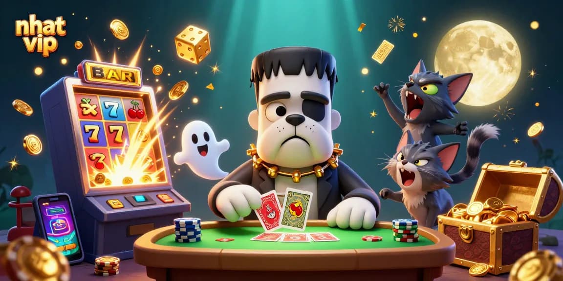 Join the fun at nhat vip as a Frankenstein bulldog monster deals cards amidst jackpots and treasures!