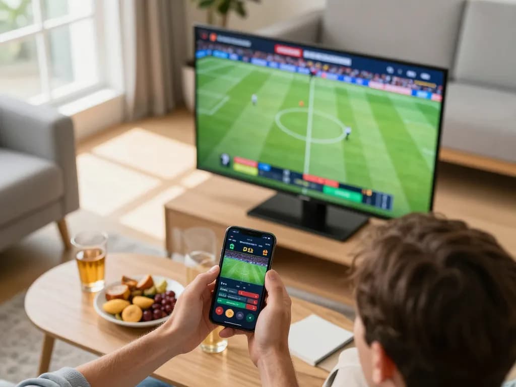 Action-packed sports betting at home with https://7m.us.com/ interface displayed on smartphone.