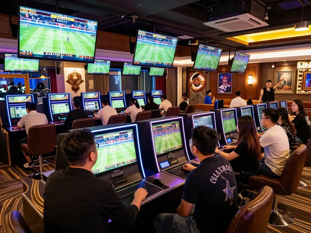 Betting enthusiasts engaging with tỷ lệ kèo nhà cái in a lively sports lounge with screens displaying live events