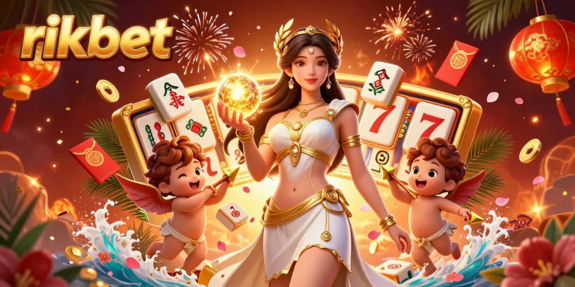 Engage in thrilling gameplay at rikbet with a stunning goddess and playful Cupids amidst festive casino elements.