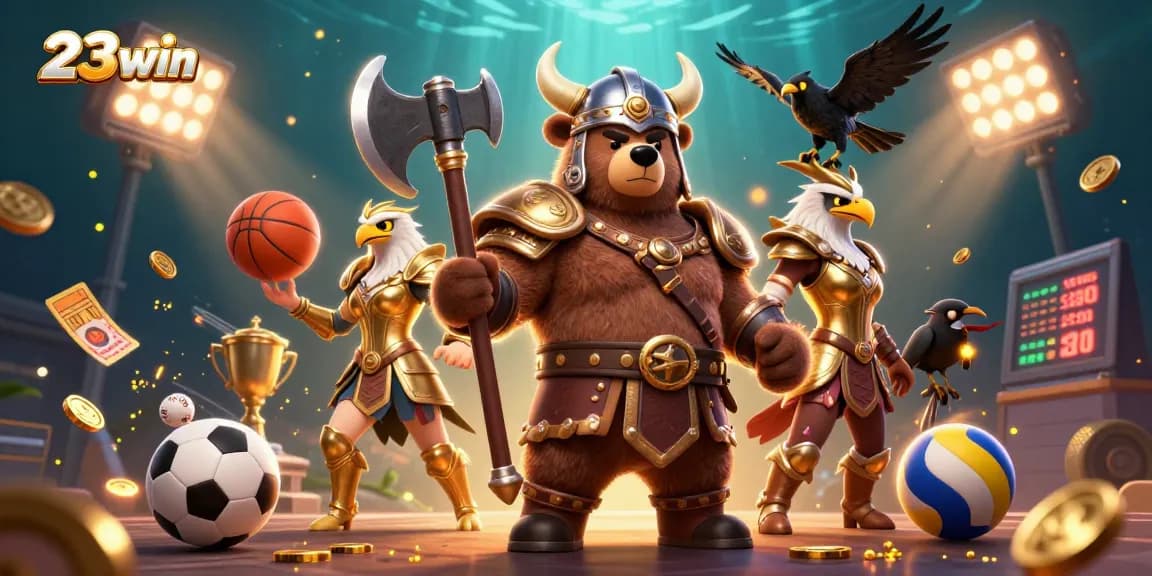 Bet on big wins with 23win, featuring a Viking bear and Valkyrie eagle amidst dynamic sports elements.