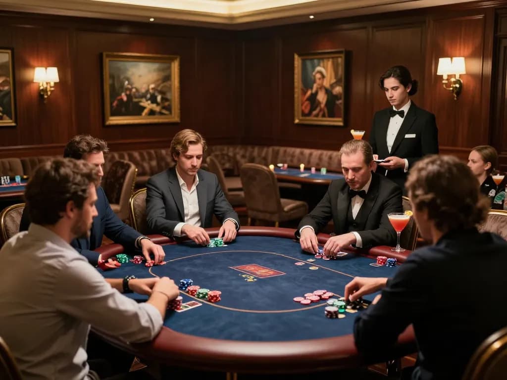 Players strategizing and enjoying poker at the exclusive high-stakes VIP room of 8day casino, capturing luxury and engagement.