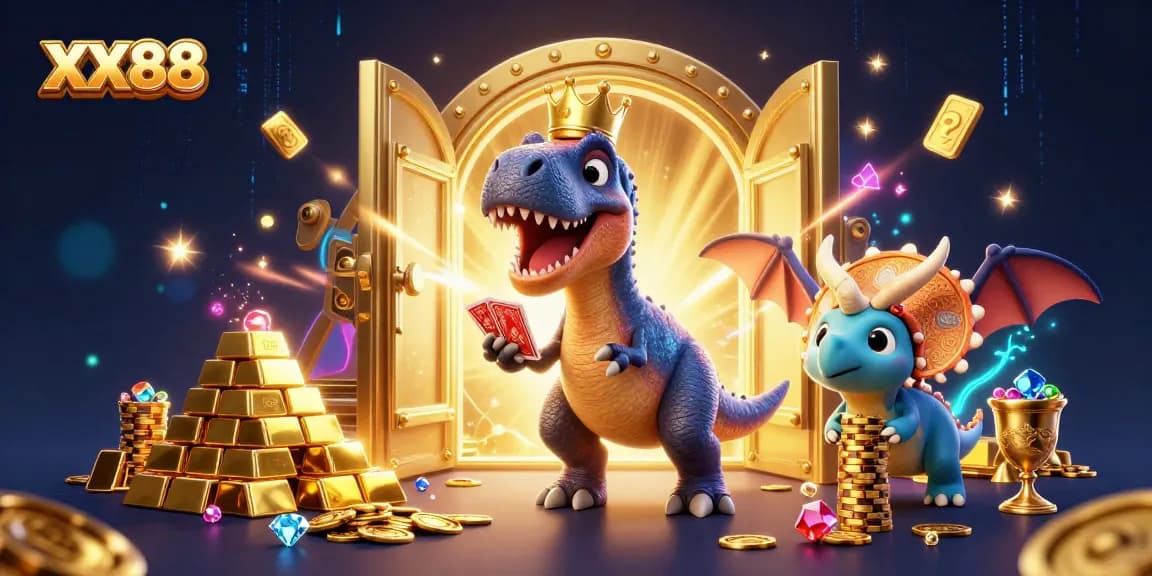Join fun in XX88's casino with a T-Rex card shuffling, pterodactyl assistant, and a triceratops stacking chips.