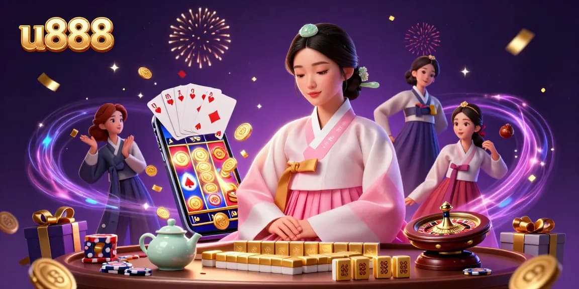 u888 players engaging in exciting online casino games with vibrant 3D elements and confetti celebration