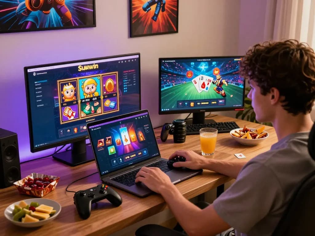Engaged user exploring the Sunwin online gaming platform with vibrant home gaming setup in 2026.
